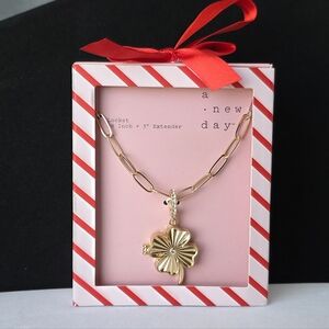 Four Leaf Clover Locket Necklace Gold Tone Diamond Rhinestone Details Paperclip